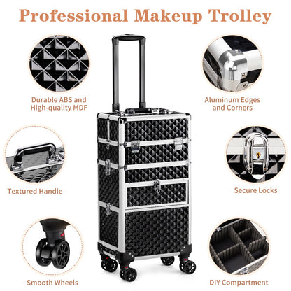 2-in-1 Aluminum Makeup Case with Sliding Rail, Detachable Drawers & Universal Wheels