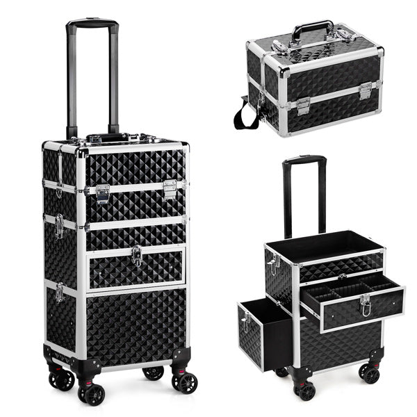 2-in-1 Aluminum Makeup Case with Sliding Rail, Detachable Drawers & Universal Wheels