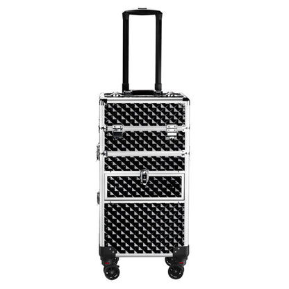 2-in-1 Aluminum Makeup Case with Sliding Rail, Detachable Drawers & Universal Wheels