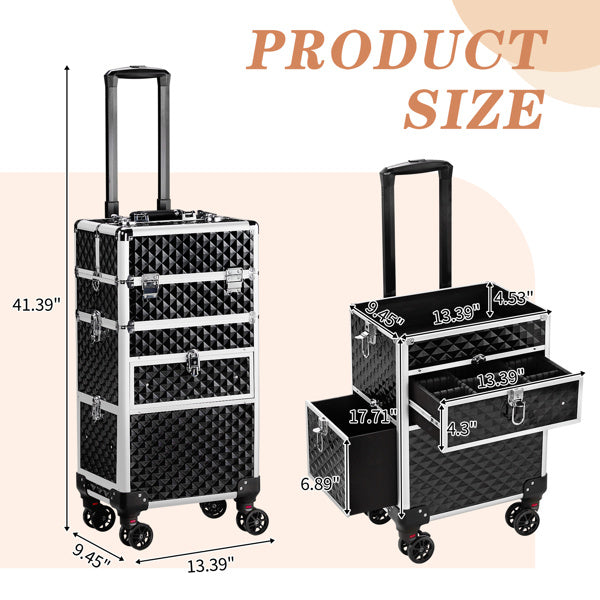 2-in-1 Aluminum Makeup Case with Sliding Rail, Detachable Drawers & Universal Wheels