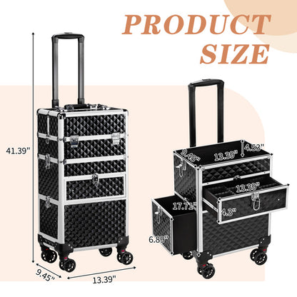 2-in-1 Aluminum Makeup Case with Sliding Rail, Detachable Drawers & Universal Wheels